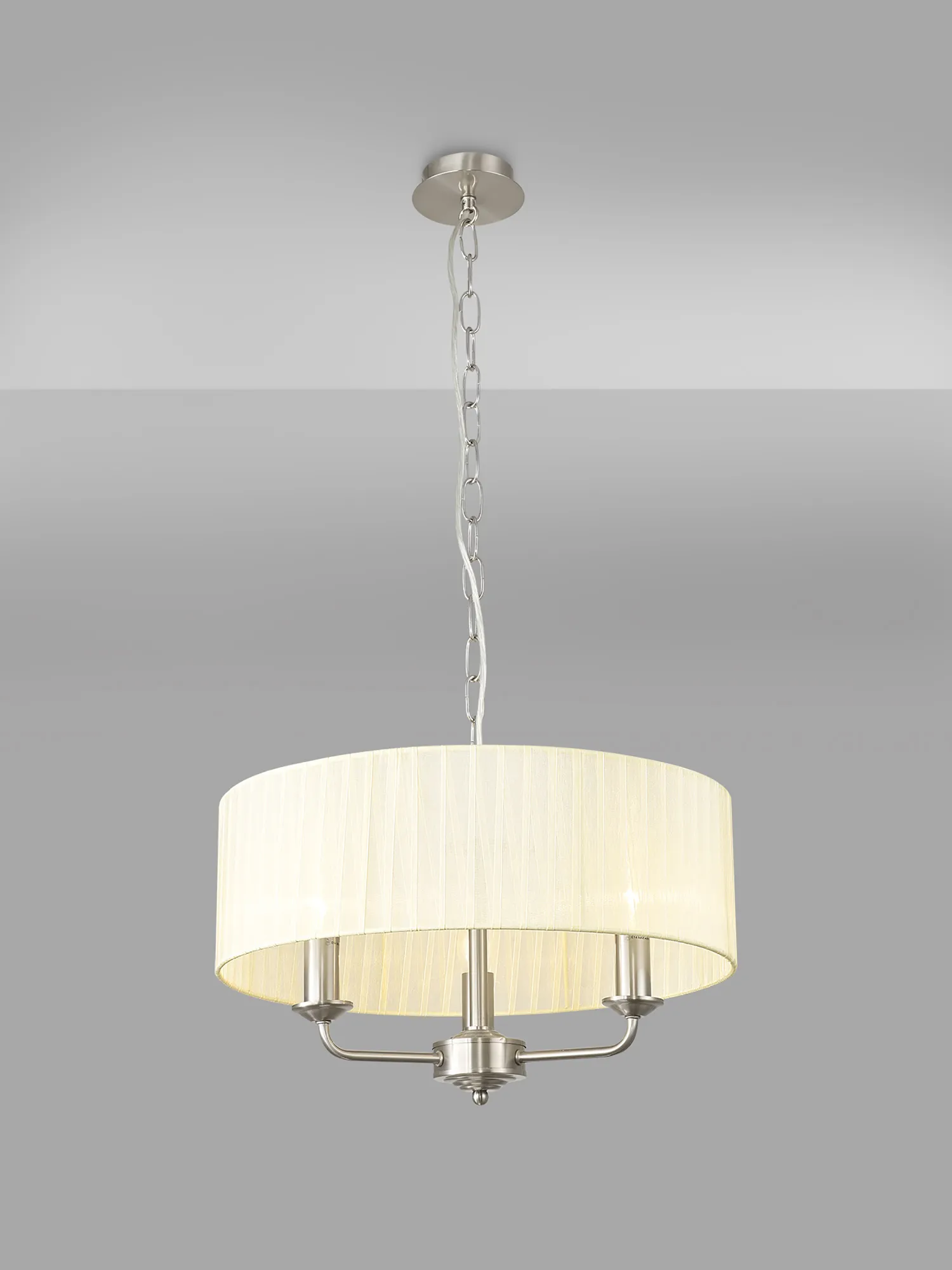 Banyan 3 Light Multi Arm Pendant With 45cm x 15cm Organza Shade Satin Nickel/Cream DK0873  Deco Banyan SN CR
